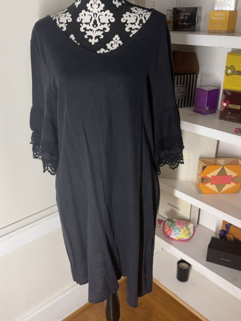 NWT Cristina Vergani Dress M Black 100% Linen Lace Pockets Luxury Made in Italy